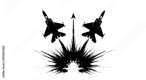 Two black fighter jets flying upwards with explosive burst