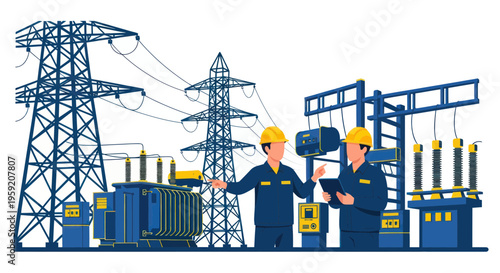 Electrical Engineers Working at Power Substation with High Voltage Equipment