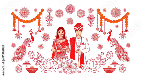 Indian Wedding Couple Illustration - Bride Groom Celebration with Peacock and Lotus
