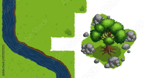Isometric pixel art landscape with river, tree, and rocks