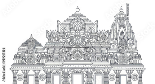 Intricate Indian Temple Facade Drawing, Hindu Architecture, Spiritual Landmark