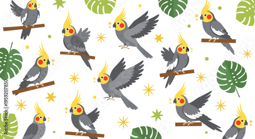 Cockatiel Parrot Seamless Pattern with Tropical Leaves and Cute Birds in Cartoon Style, Exotic Pet Background for Textile and Wallpaper Design