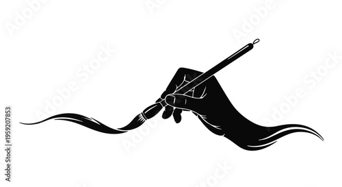 Artist's hand creating flowing ink line with brush, symbolizing creativity and art