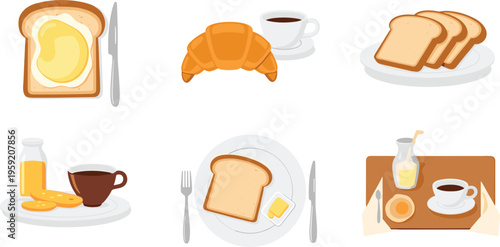 Breakfast food set with toast butter croissant coffee juice and bread slices morning meal vector illustration collection
