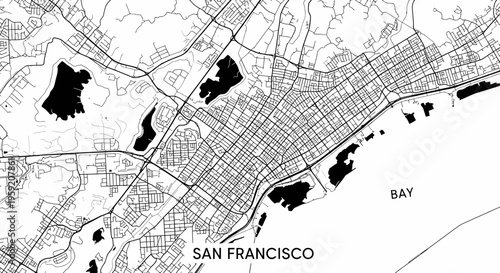 San Francisco aerial map, black and white city plan, urban sprawl, bay area, street grid