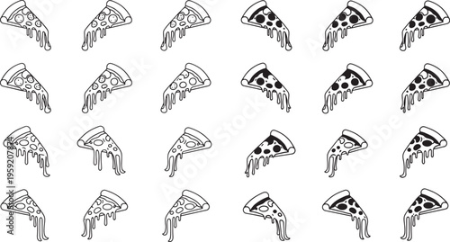 Black and white pizza slices with various toppings food cheese