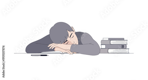 Student sleeping on desk with books and pen, exhaustion from studying concept