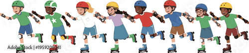 Roller Skating Kids Vector Illustration Featuring Diverse Children Wearing Helmets and Protective Gear, Inline Skaters in Motion Cartoon Style Collection