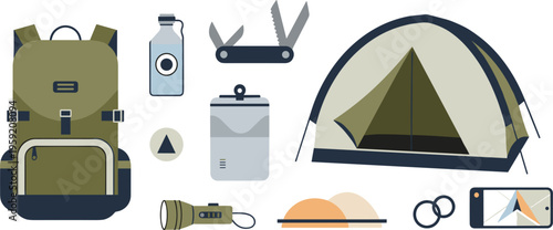Camping essentials set with backpack tent flashlight and tools, outdoor adventure equipment flat vector illustration