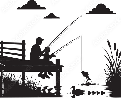 Silhouette of man and child fishing on a serene lake, Generative Ai