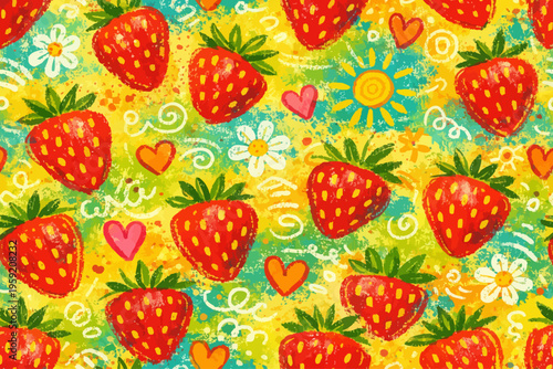 Summer crayon grunge strawberry seamless pattern. Abstract whimsical sweet berry ornament for organic food wrapping, textile print, wallpaper, packaging vector design 