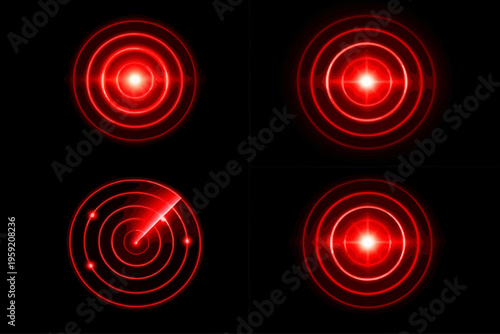 Red pain point ripple target set. Concentric circle pulse wave with glowing highlight. Circular radar signal with stress spot. Medicine health icon vector design