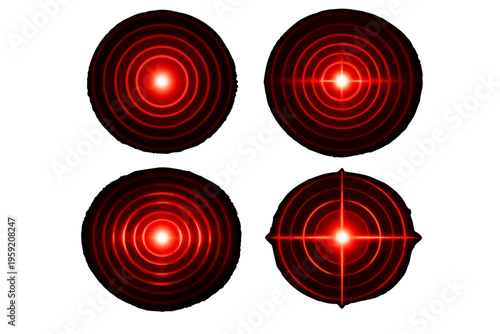 Red pain point ripple target set. Concentric circle pulse wave with glowing highlight. Circular radar signal with stress spot. Medicine health icon vector design