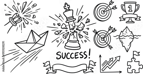 Success Concept Doodle Set with Trophy Target Rocket and Achievement Icons
