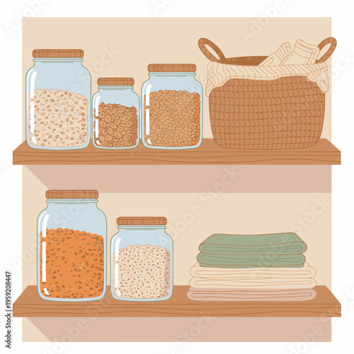 Food storage jars on shelves.