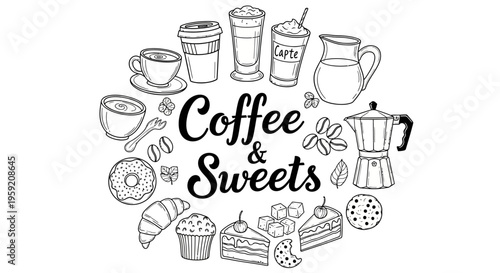 Coffee and sweets illustrations with pastries coffee cups and desserts in a circular pattern