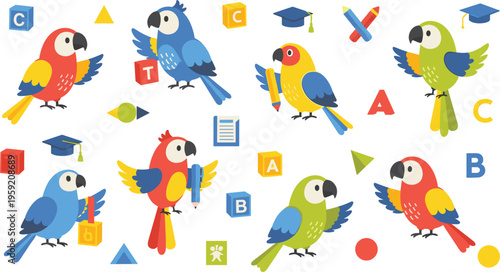 Colorful parrot birds with school elements seamless pattern including alphabet blocks pencils books and graduation icons vector illustration