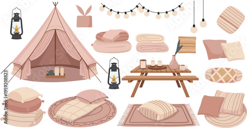 Cozy glamping camping interior set with tent cushions blankets lantern lights and wooden table boho outdoor relaxation vector illustration