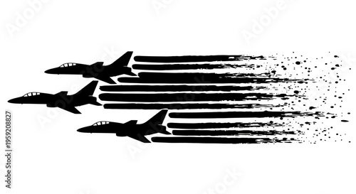 Three black fighter jets flying fast in formation with motion blur and speed trails on white background