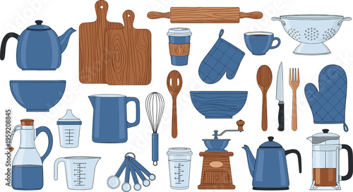 Baking Process Hand Drawn Vector Illustration with Dough Kneading, Bread, Eggs, Whisk, Rolling Pin and Kitchen Tools in Outline Sketch Style.eps