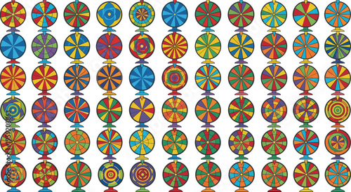 Colorful spinning prize wheels collection with different segmented patterns game show fortune wheel vector illustration set