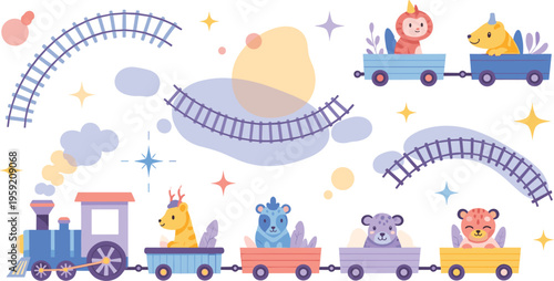 Cute animal train set with locomotive wagons and safari animals, playful kids transportation flat vector illustration