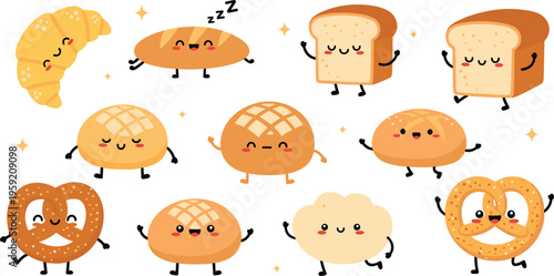 Cute bakery bread characters collection with croissant toast pretzel bun and pastry smiling cartoon food mascots vector illustration set