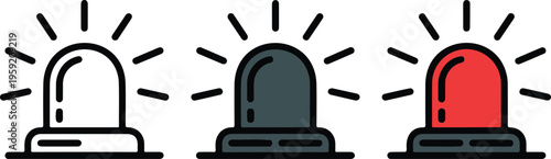 Professional emergency siren icon set featuring flashing alert lights in minimalist line art and flat colored vector styles.