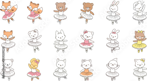 Cute ballerina animals collection with fox bear bunny cat dancing ballet characters in tutus cartoon vector illustration set
