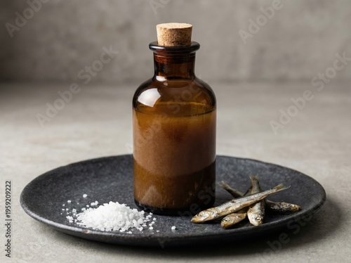 Artisan glass bottle filled with savory fish oil accompanied by sea salt and dried fish on a textured dark plate creating a refined culinary experience