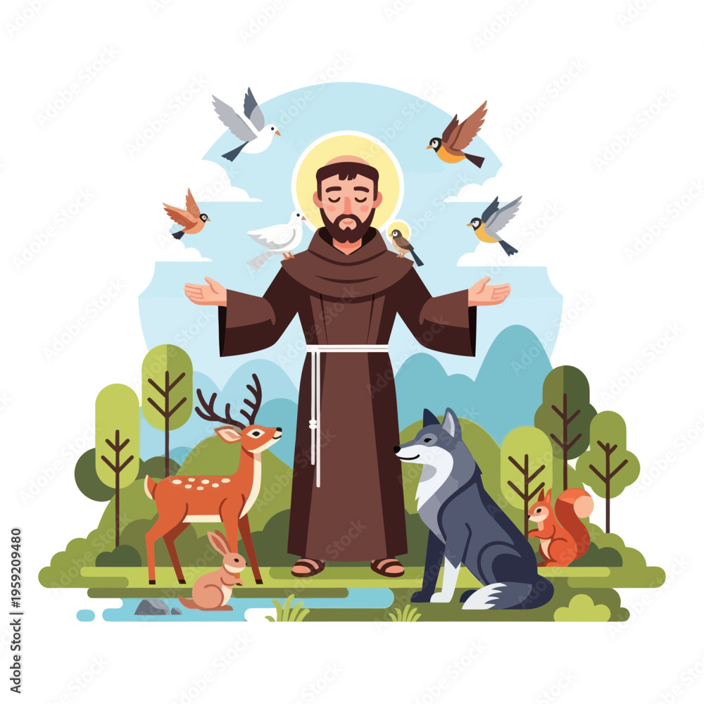Naklejka premium Saint Francis With Animals And Nature