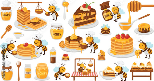 Cute cartoon bees cooking and enjoying honey desserts collection with pancakes waffles cake jars dripping honey vector illustration set