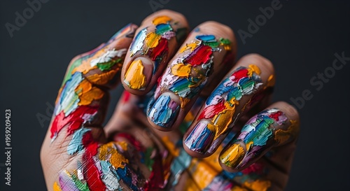 Close up of hand covered in colorful paint strokes against a dark backdrop