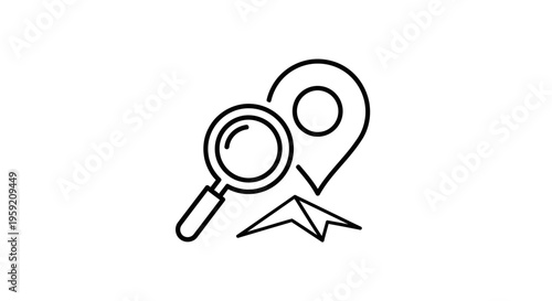 Magnifying glass and map pin icon, search for location, navigation, travel planning, discovery concept