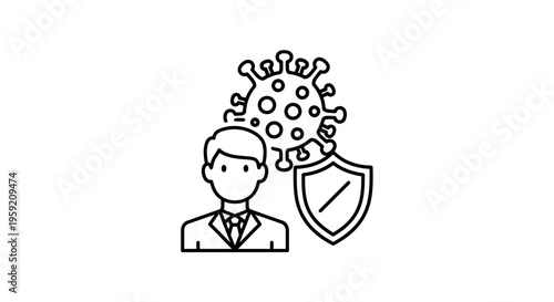 Man protected by shield against coronavirus, immune system defense concept