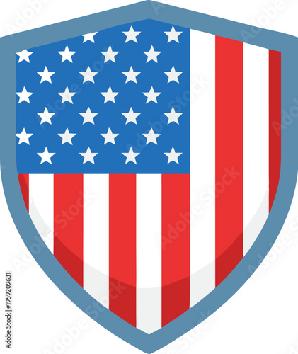 Stylized shield displaying the american flag with stars and stripes