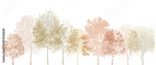 Architectural CAD Tree Set, Minimal Autumn Line Drawing Collection, Side View Wetland Forest Section Outline Elements for Landscape Design Plans, Vector Illustration Isolated on Separate Elements