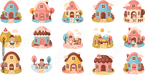Cute fairytale houses and cottages collection with seasonal landscapes and cartoon village scenes whimsical vector illustration set