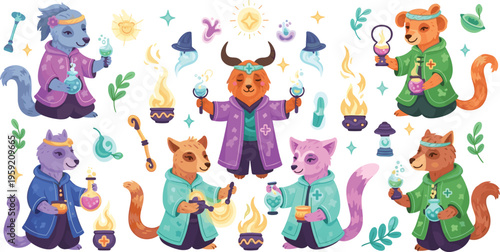 Cute fantasy animals wizards set with magic potions spells and алхемy, whimsical cartoon characters flat vector illustration collection