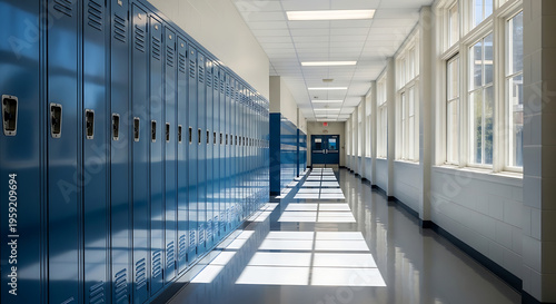School Hallway with Blue Lockers and Bright Windows