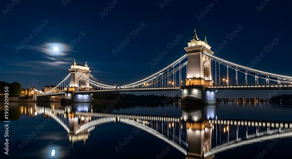 Fototapeta premium Nighttime suspension bridge over water with illuminated structures and sky reflection