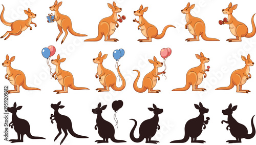 Cute kangaroo characters collection with different poses holding balloons gifts and joey cartoon animal vector illustration set