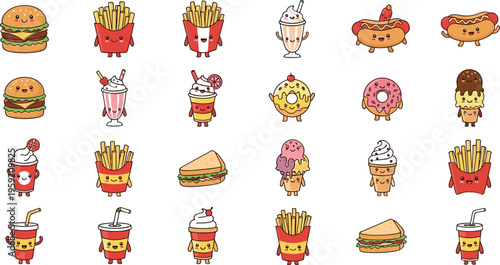 Cute fast food characters set with burgers fries drinks and desserts, kawaii cartoon snacks flat vector illustration collection