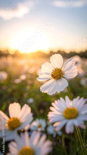 A field of delicate white flowers basks in the golden light of the setting sun, creating a warm, idyllic scene