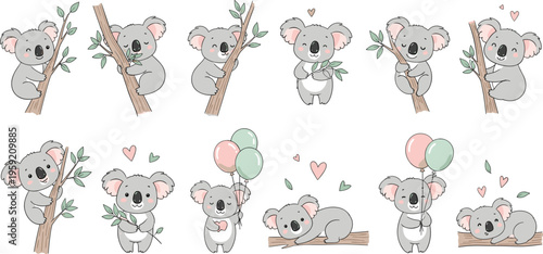 Cute koala set with eucalyptus branches balloons and adorable cartoon poses vector illustration