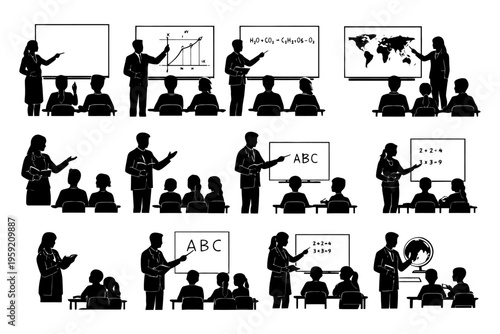 Silhouettes of teachers and students in classroom settings.