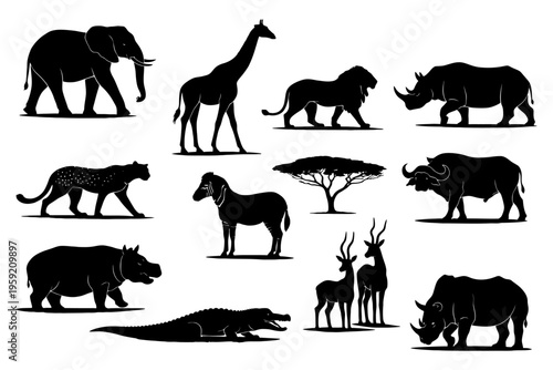 Silhouette collection of african safari animals in black and white.