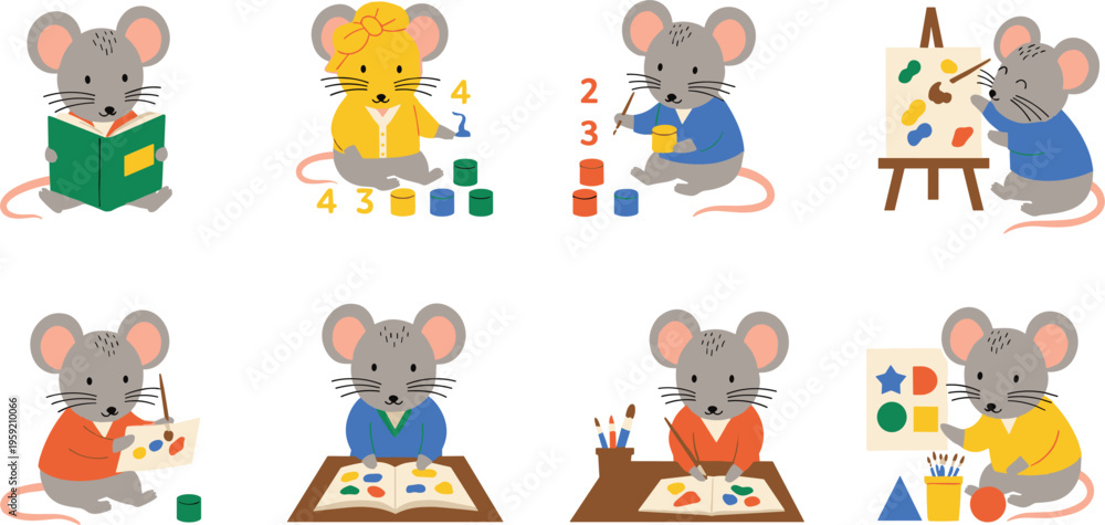 Fototapeta premium Cute mice learning and painting collection with reading counting drawing and classroom activities cartoon animal vector illustration set