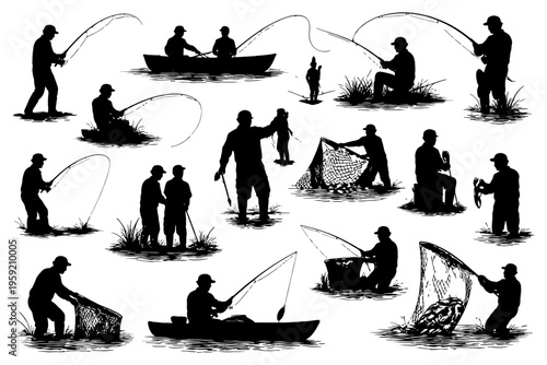 Silhouettes of people fishing: diverse scenes of fishing activities and equipment.