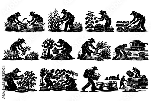 Silhouette farmers harvesting crops and vegetables in various scenes.